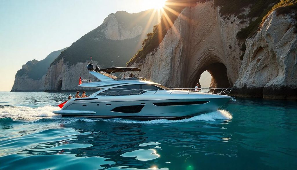 Sunseeker Predator 60 near Blue Grotto, highlighting Amalfi Coast yachting in 2025.